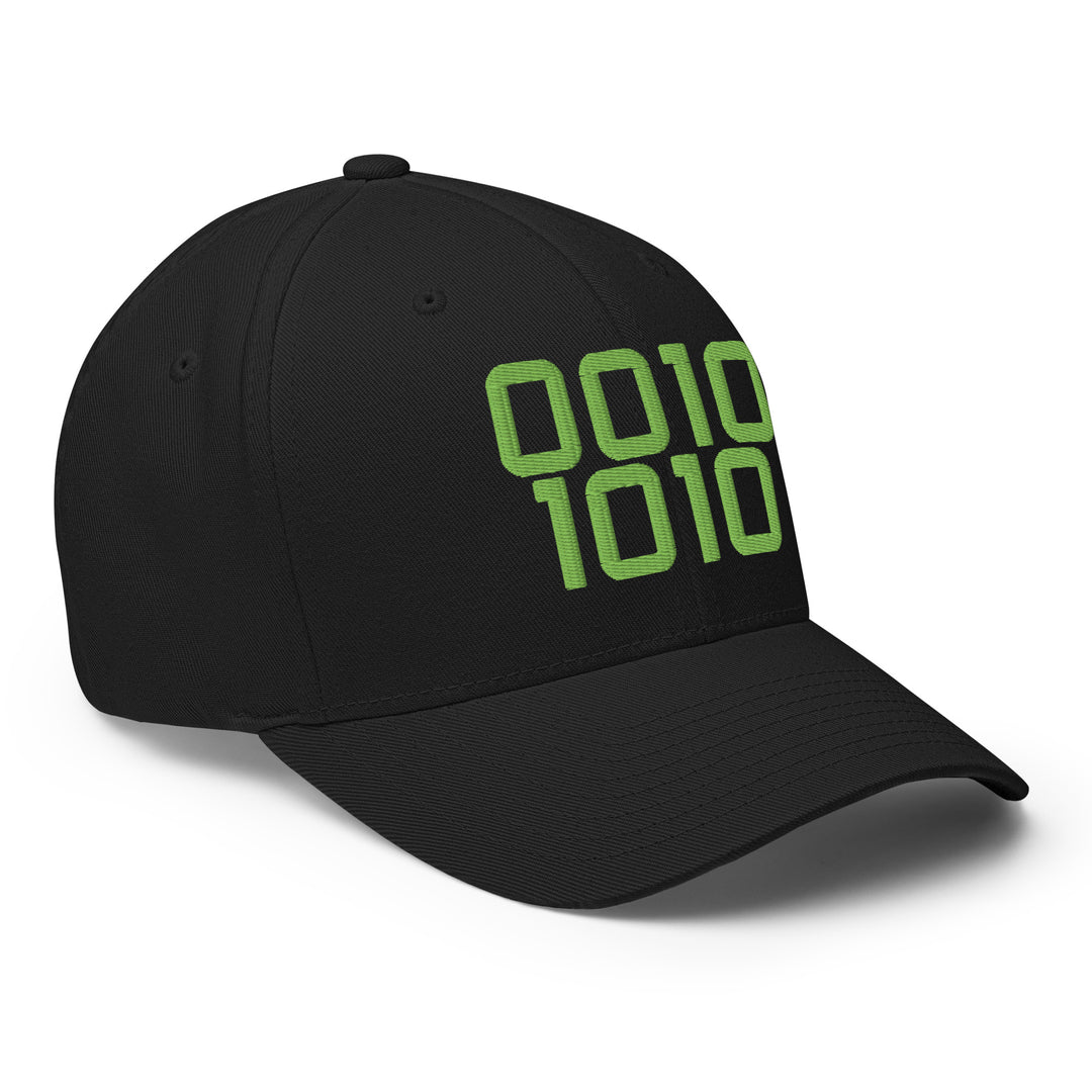 Code 42 embroidered Flexfit cap in black with green binary 0010 1010 design