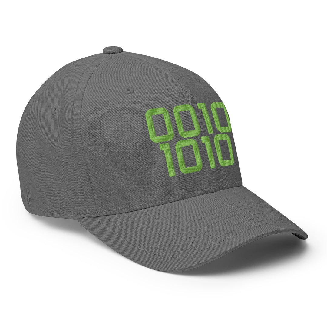 Code 42 embroidered Flexfit cap in gray with green binary 0010 1010 design