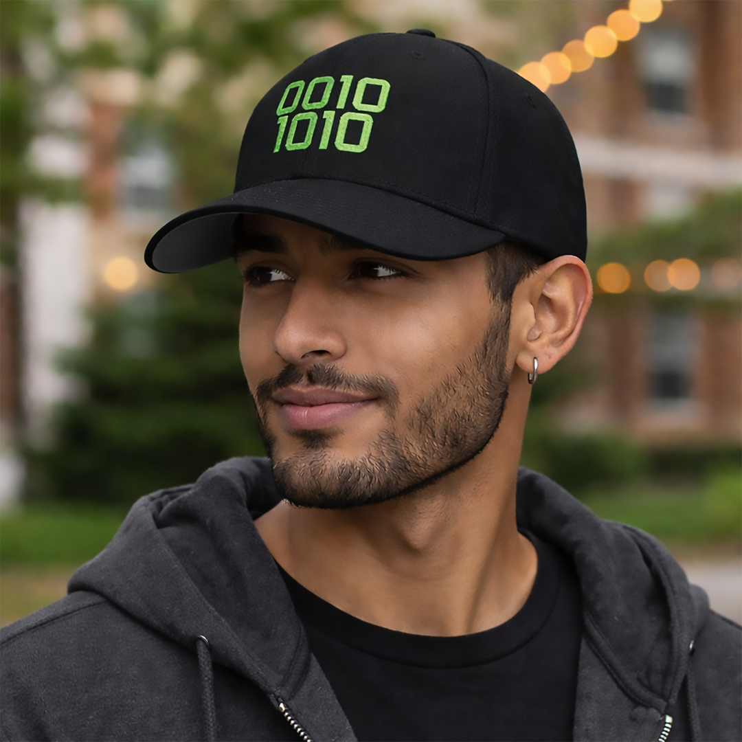 College-age man wearing a black Code 42 embroidered Flexfit cap with green binary 0010 1010 design outdoors on a campus background