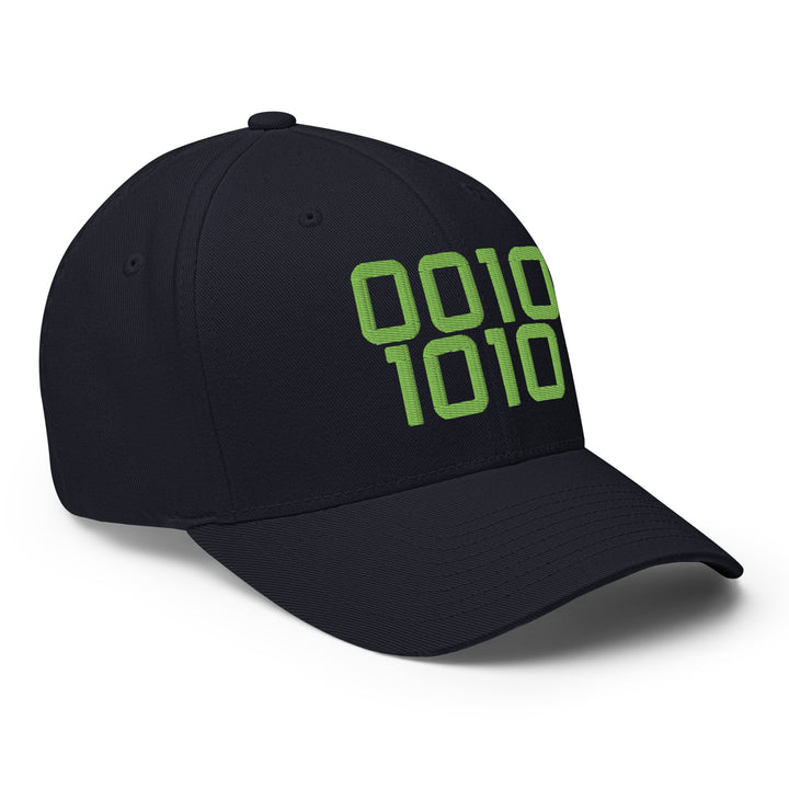 Code 42 embroidered Flexfit cap in navy with green binary 0010 1010 design