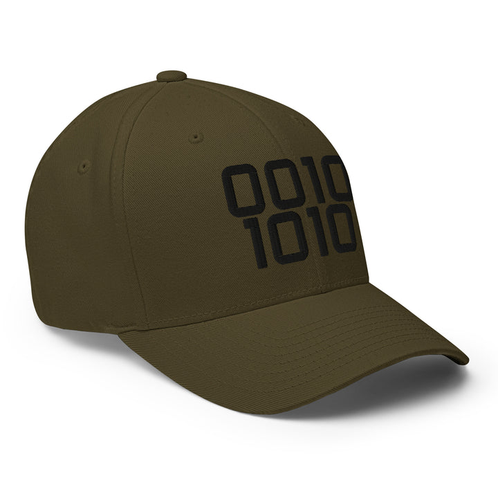 Code 42 embroidered Flexfit cap in olive with green binary 0010 1010 design