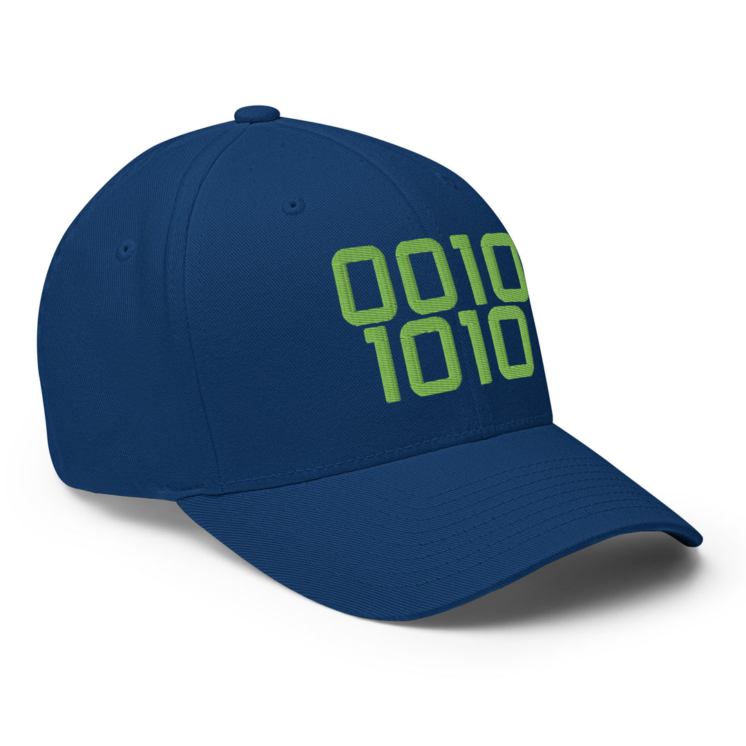 Code 42 embroidered Flexfit cap in royal blue with green binary 0010 1010 design
