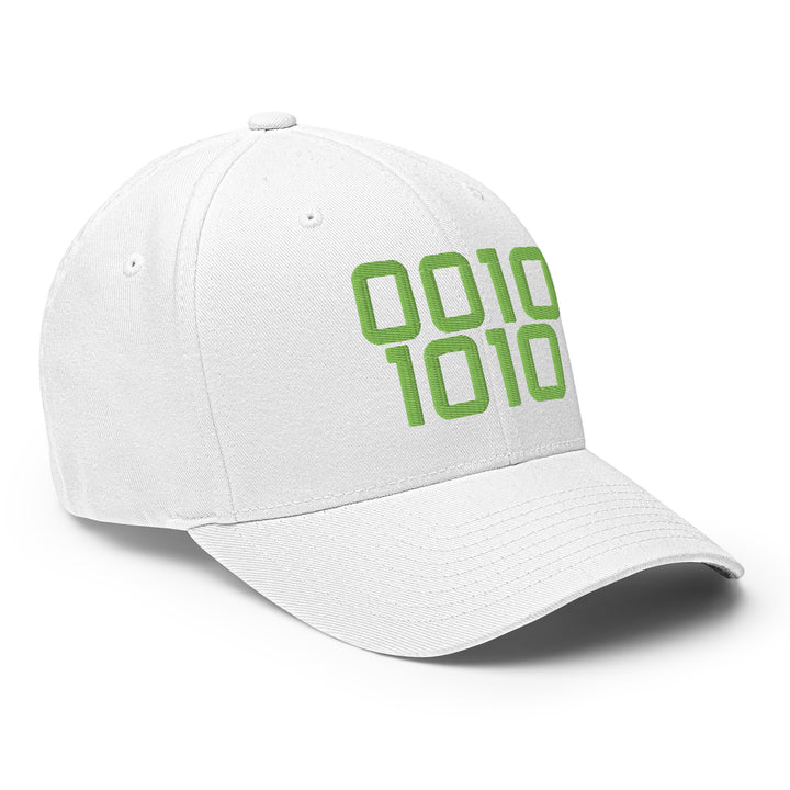 Code 42 embroidered Flexfit cap in white with green binary 0010 1010 design