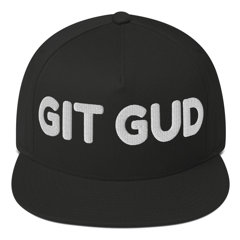 Black front-view flat bill cap with GIT GUD embroidered in white across the crown.