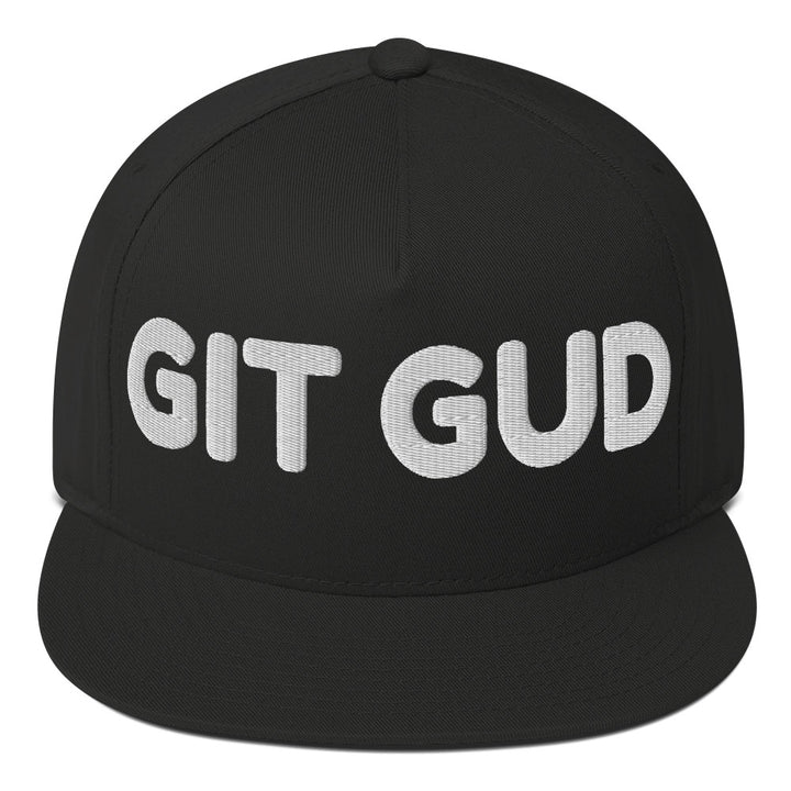 Black front-view flat bill cap with GIT GUD embroidered in white across the crown.