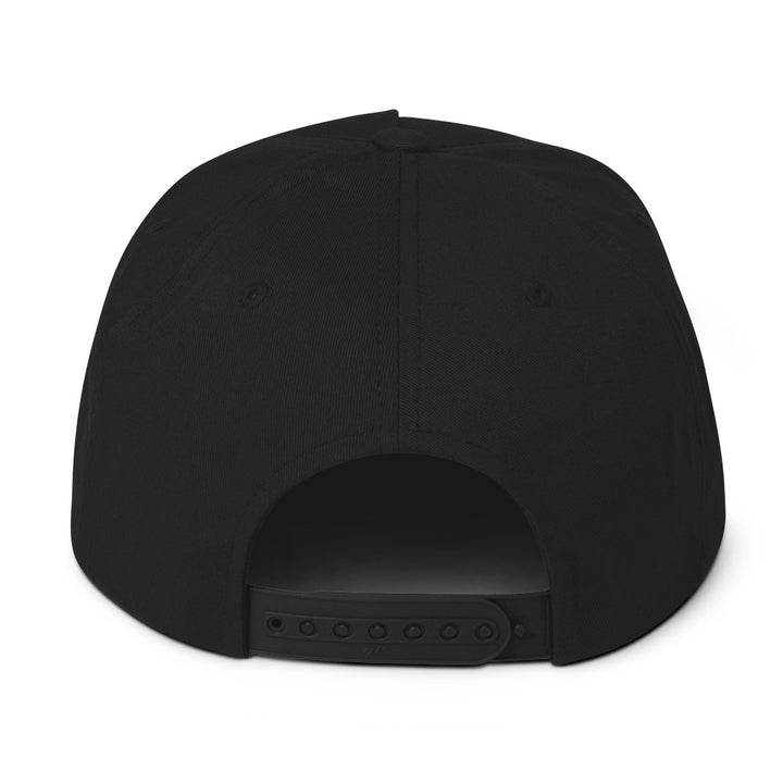 Black rear-view flat bill cap with adjustable snapback closure and structured six-panel design.