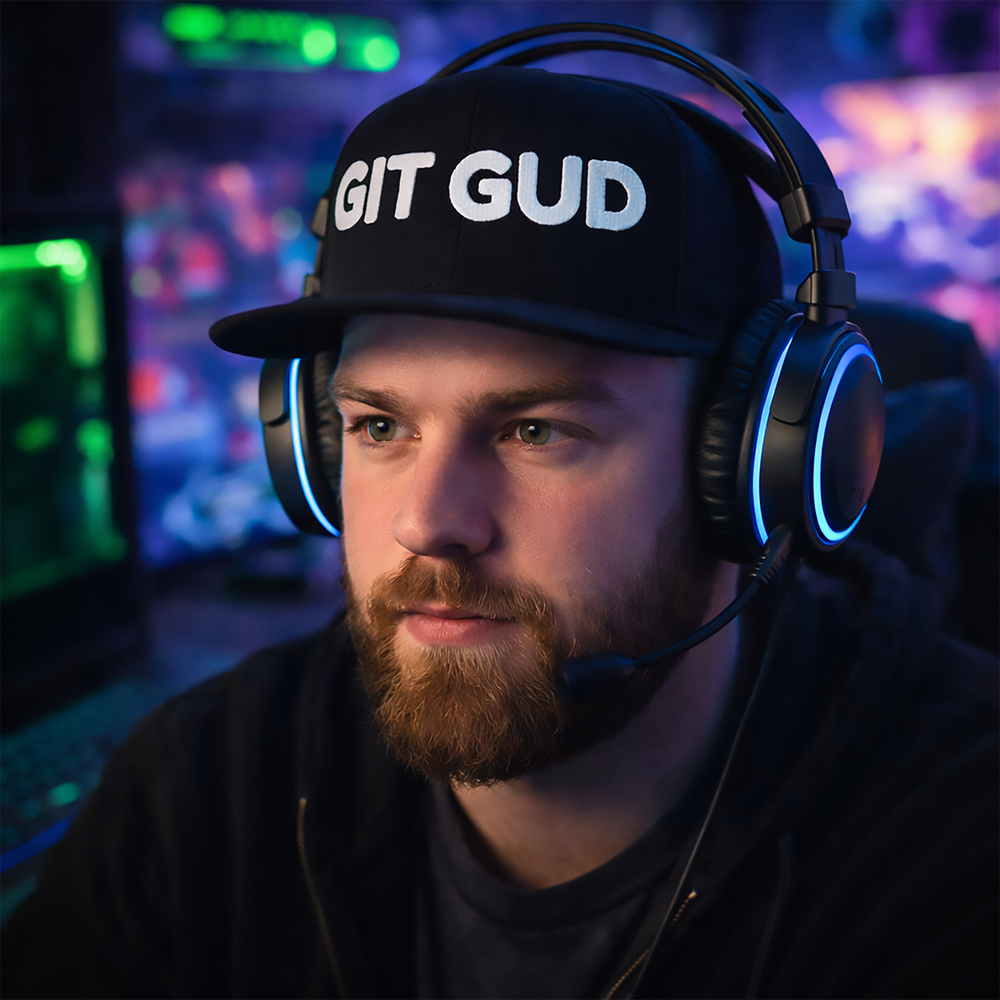 Black GIT GUD embroidered flat bill cap worn by a bearded gamer in a neon-lit gaming setup, serving low-res patience and high-skill energy.