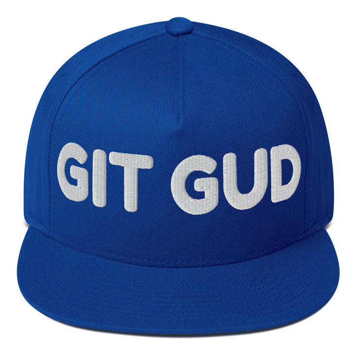 Royal blue front-view flat bill cap with GIT GUD embroidered in white across the crown.