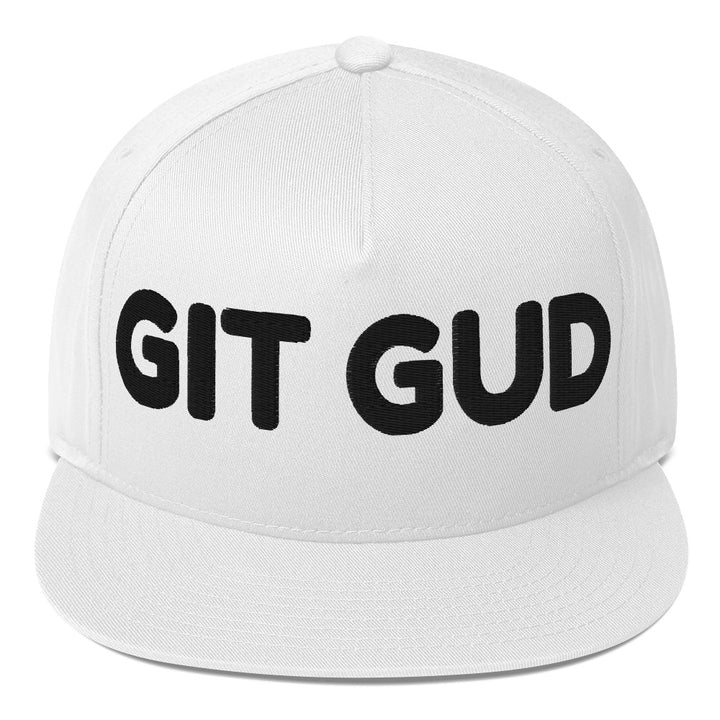White front-view flat bill cap with GIT GUD embroidered in black across the crown.