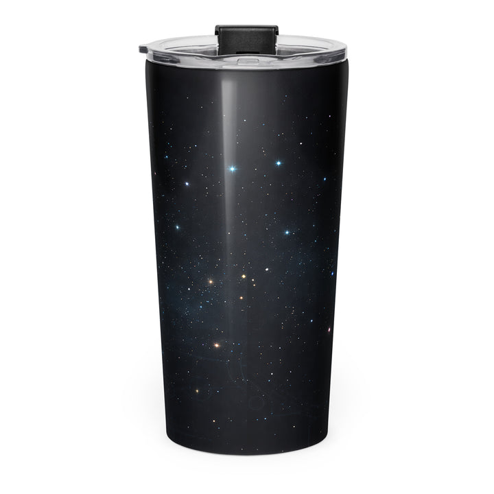 Back view of the Interstellar Tea Order tapered stainless steel 20 oz tumbler featuring the dark cosmic starfield design without the main front text visible.