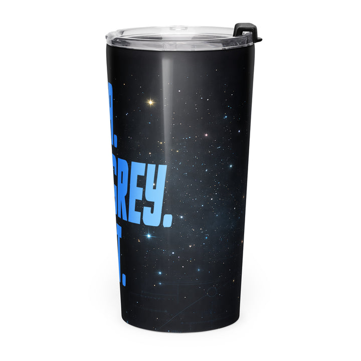Left-side view of the Interstellar Tea Order tapered stainless steel 20 oz tumbler showing the wraparound galaxy background and partial blue lettering.