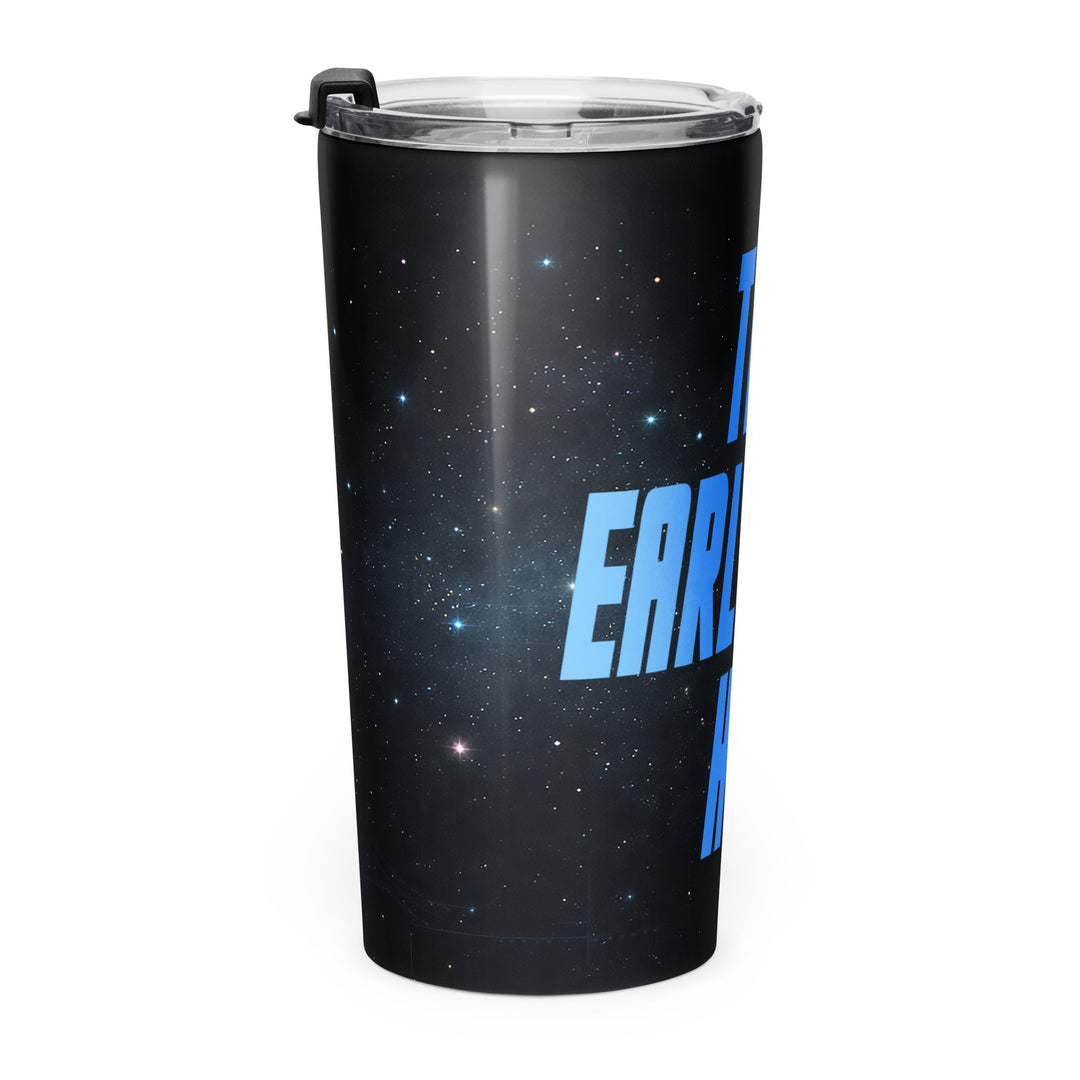 Right-side view of the Interstellar Tea Order tapered stainless steel 20 oz tumbler displaying the wraparound space background and partial blue lettering.