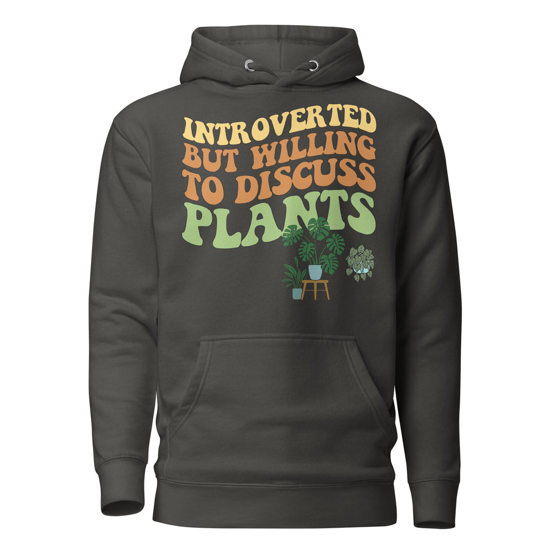 Front view of the charcoal “Introverted but Willing to Discuss Plants” hoodie with retro lettering and illustrated houseplants.