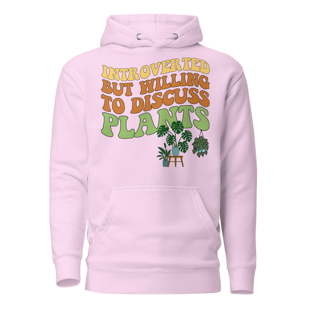 Front view of the lavender “Introverted but Willing to Discuss Plants” hoodie with retro lettering and illustrated houseplants.