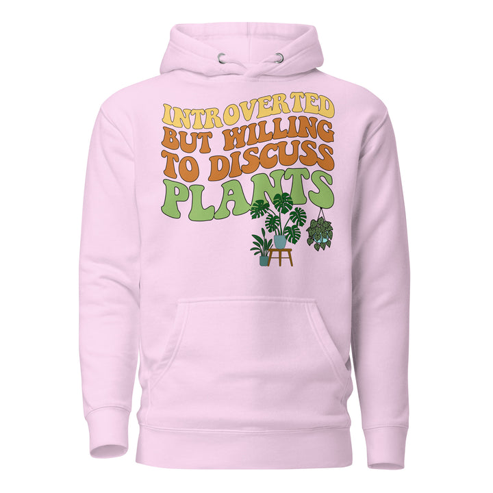 Front view of the lavender “Introverted but Willing to Discuss Plants” hoodie with retro lettering and illustrated houseplants.