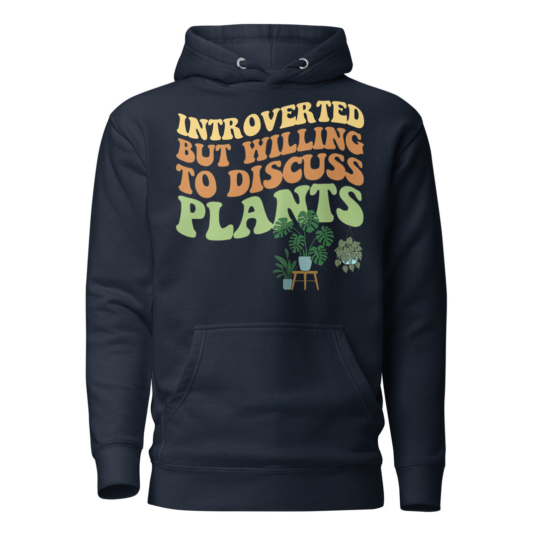 Front view of the navy “Introverted but Willing to Discuss Plants” hoodie with retro lettering and illustrated houseplants.