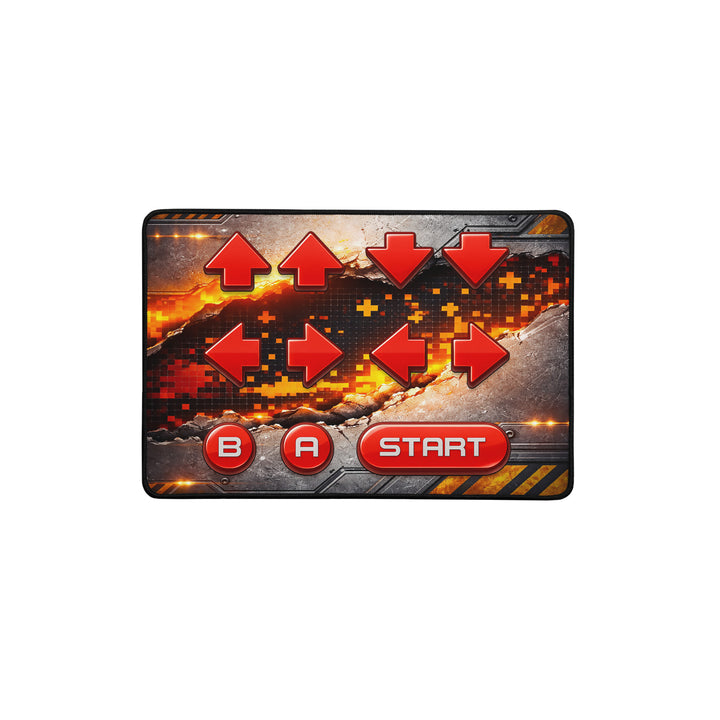 12×18 inch Keep It Geek desk mat featuring a retro cheat code button layout with red directional arrows, B and A buttons, and a START button over an industrial pixel-art background.
