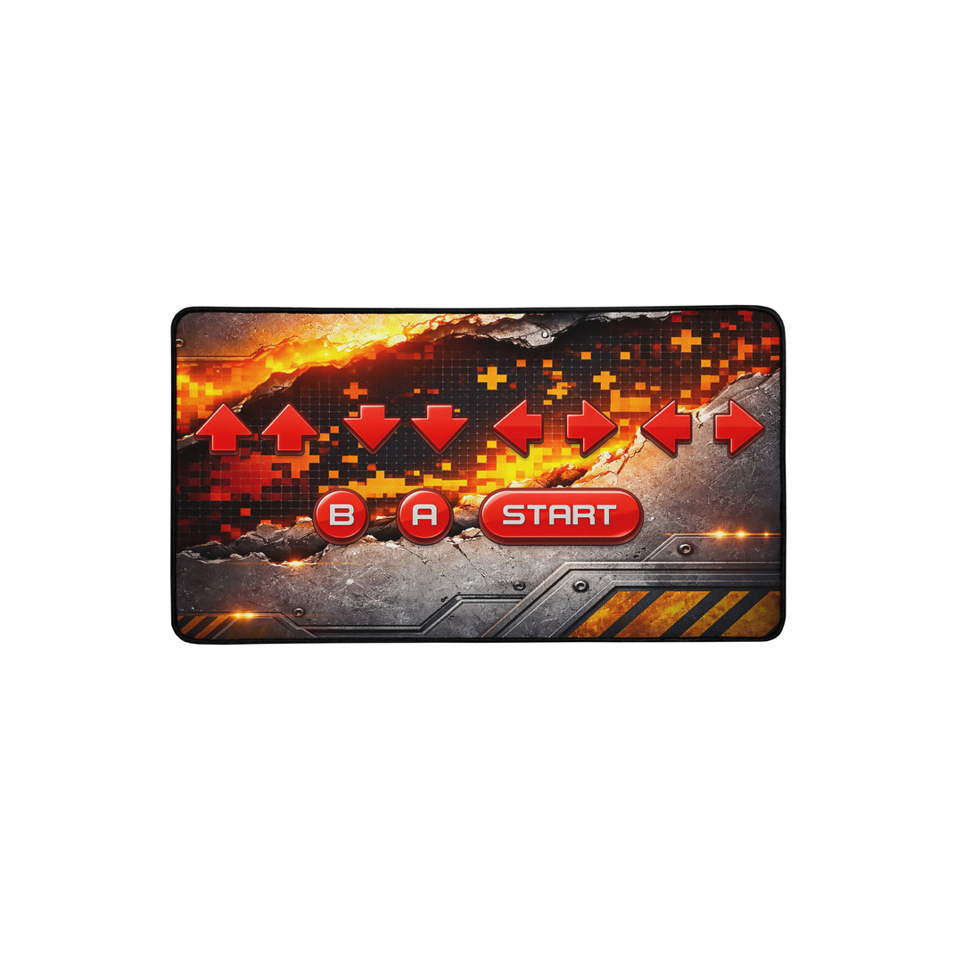 12×22 inch Keep It Geek desk mat featuring a retro cheat code button layout with red directional arrows, B and A buttons, and a START button on an industrial pixel-art background.