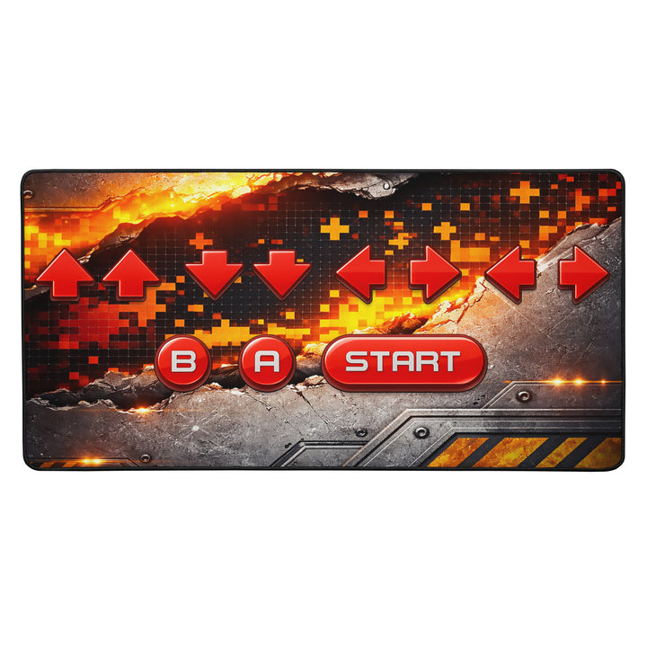Square lifestyle mockup of a 16x32 inch Keep It Geek desk mat featuring a retro cheat code design with red arcade-style buttons and directional arrows on an industrial pixelated background, shown on a modern gaming desk.