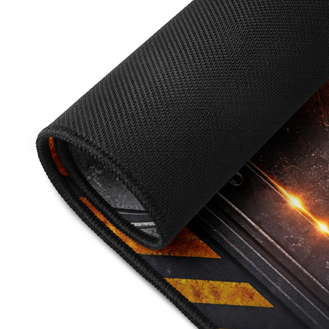 Close-up mockup of a Keep It Geek desk mat showing the non-slip rubber backing and stitched edge, with the retro cheat code design visible on the surface.