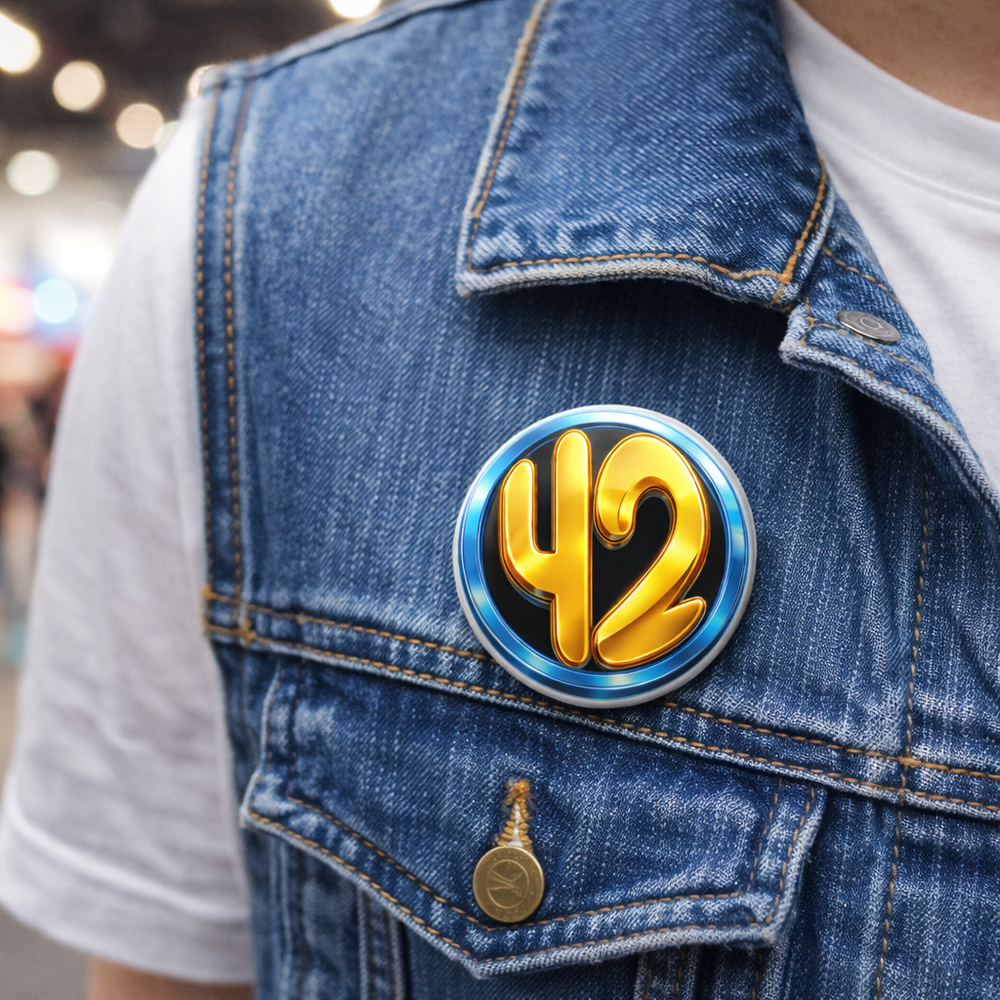 A 2.25-inch 42 Circle glossy pin button attached to a blue denim vest over a white t-shirt at a convention, adding a subtle pop of geek energy to the outfit.