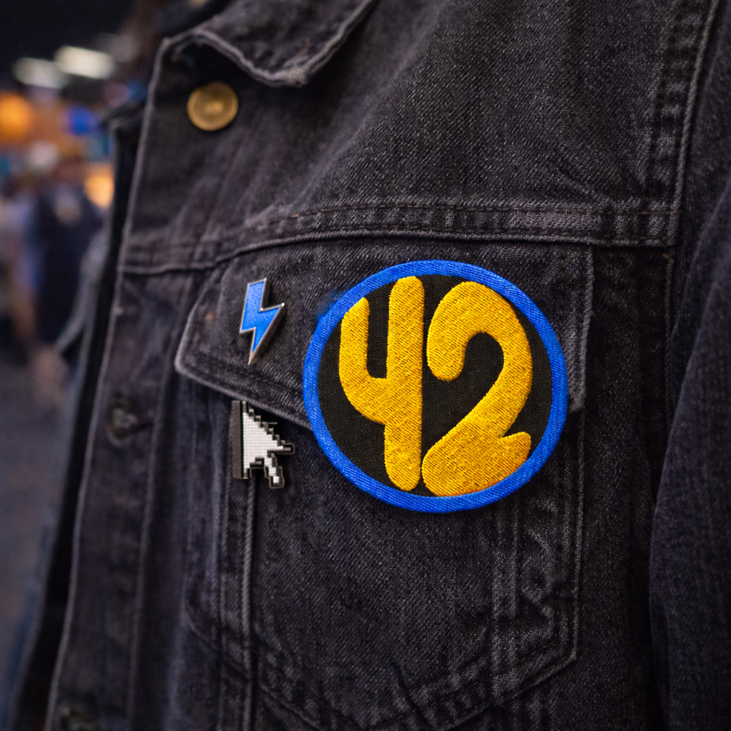 Close-up of a faded black denim jacket featuring the Keep It Geek 42 Circle embroidered patch (3-inch diameter) stitched on the chest pocket, styled with a lightning bolt enamel pin and a pixel cursor arrow pin for a retro-tech geek aesthetic.