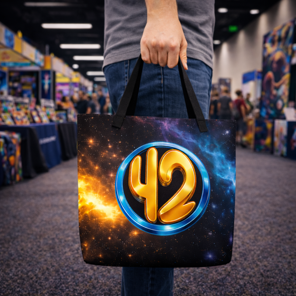 A person walking through a busy comic convention carrying a Keep It Geek 42 cosmic tote bag, featuring a glowing gold “42” inside a metallic blue circle against a fiery nebula starfield — perfect for hauling loot from every fandom floor.