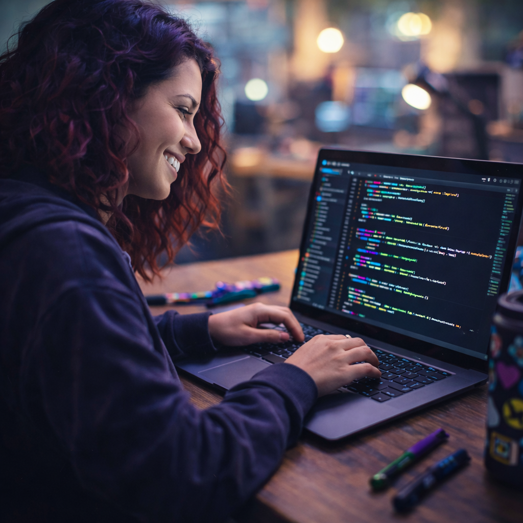 A smiling woman coding in a bright, cozy workspace with a dark mode IDE glowing on her screen.