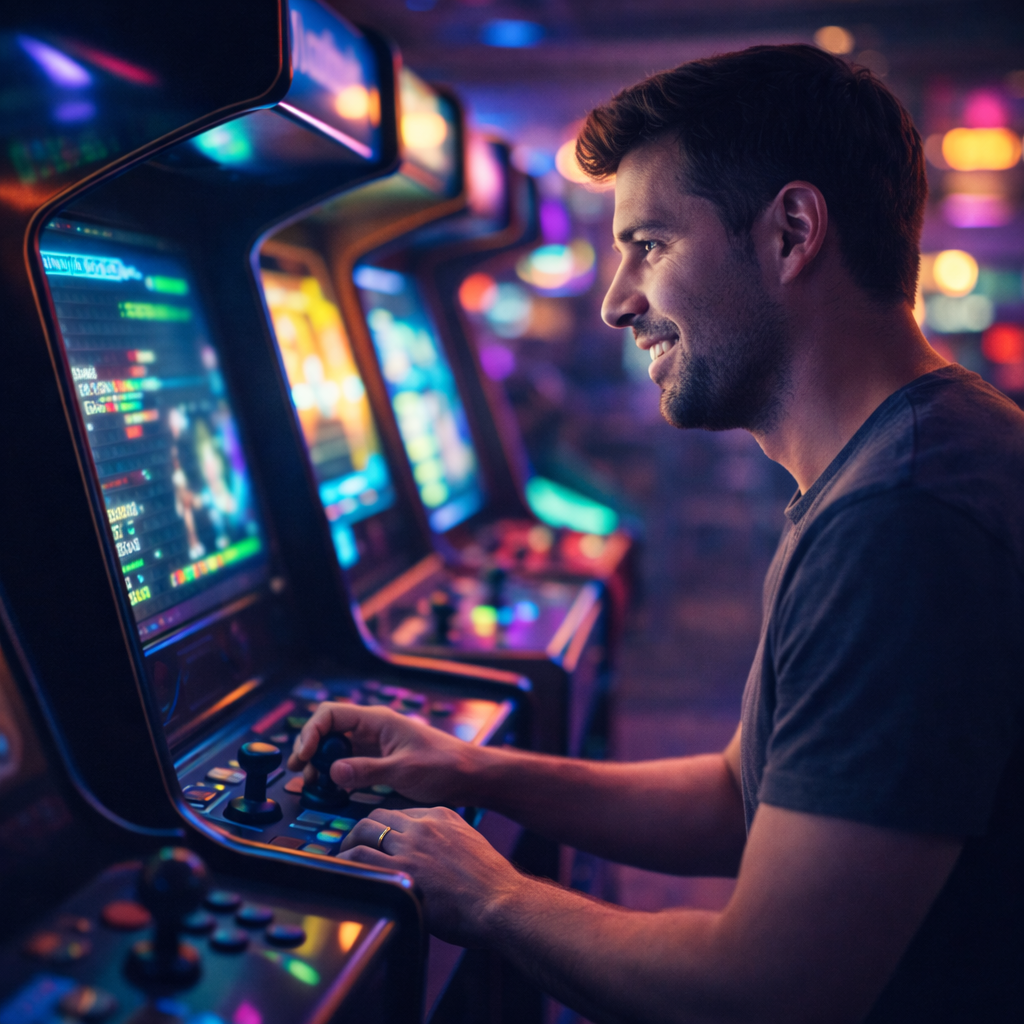 A focused gamer on the right side of the frame playing a retro arcade machine, neon lights glowing as he locks in on every pixel.