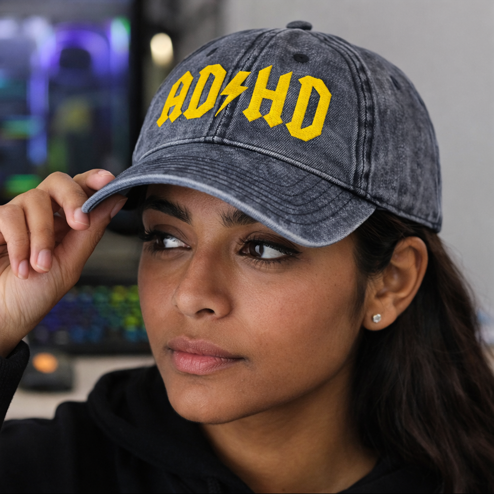 Lifestyle image of a woman wearing an AD/HD High Voltage embroidered vintage denim cap in a casual everyday setting