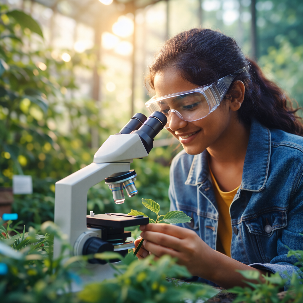 A teen girl smiles as she studies a plant under a microscope inside a sunlit greenhouse — proof that curiosity grows best in the light.