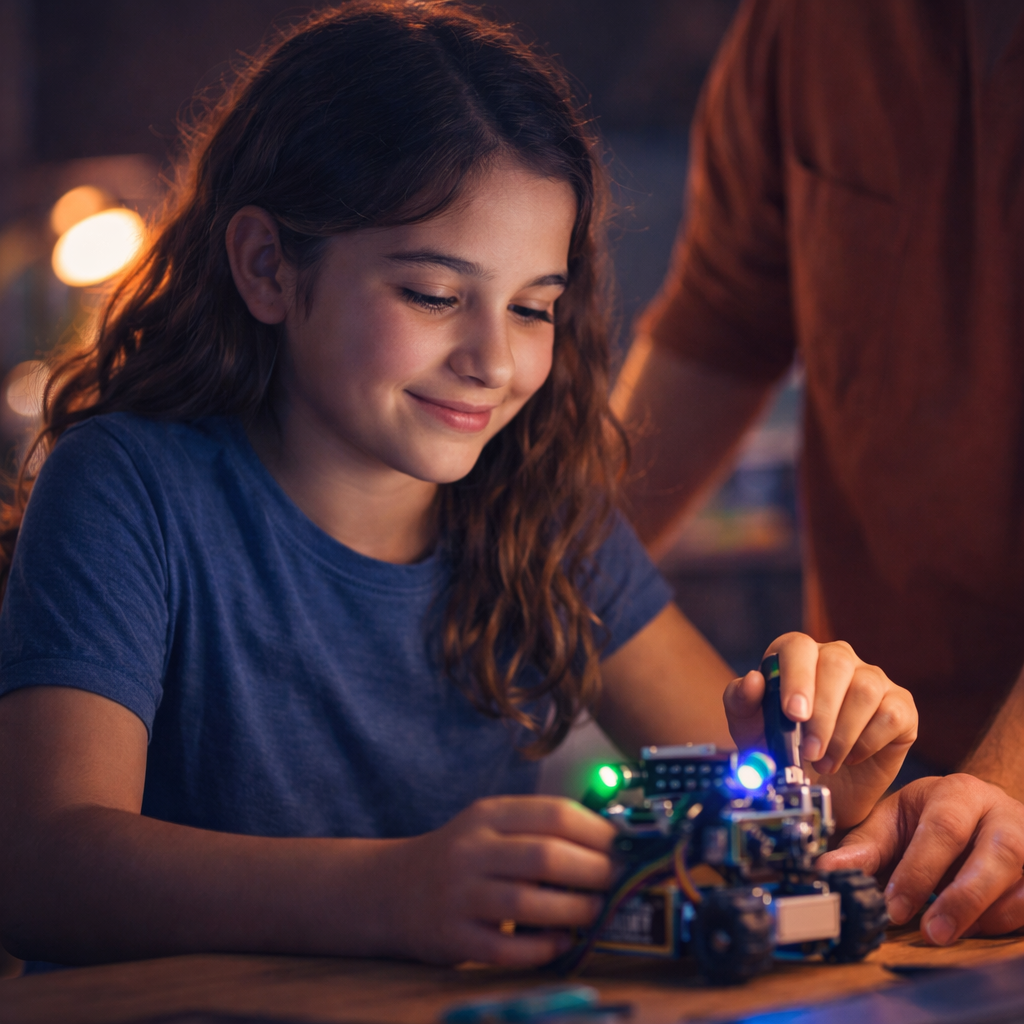 A teen girl smiles slightly while assembling a small robotics project, with a mentor standing beside her just out of frame — because every great build starts with someone saying, “You’ve got this.”