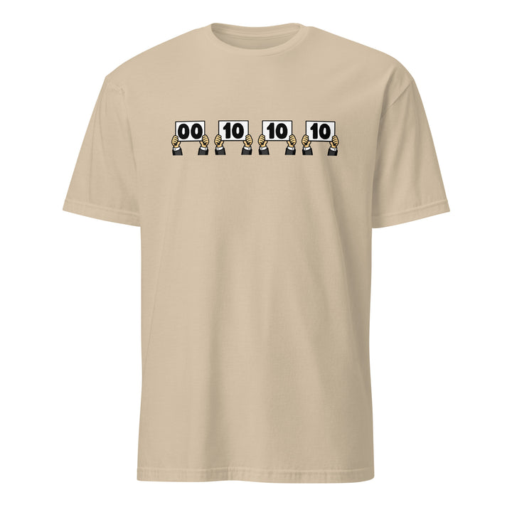 Beige unisex t-shirt featuring “Everything is Judged in Binary” design with illustrated hands holding scorecards reading 00 10 10 10.