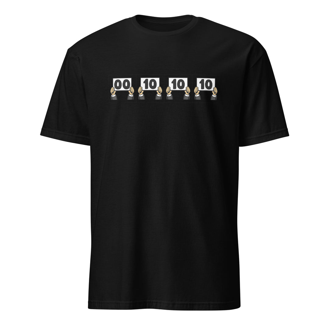 Black unisex t-shirt featuring “Everything is Judged in Binary” design with illustrated hands holding scorecards reading 00 10 10 10.