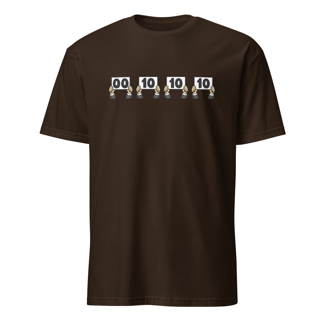 Brown unisex t-shirt featuring “Everything is Judged in Binary” design with illustrated hands holding scorecards reading 00 10 10 10.