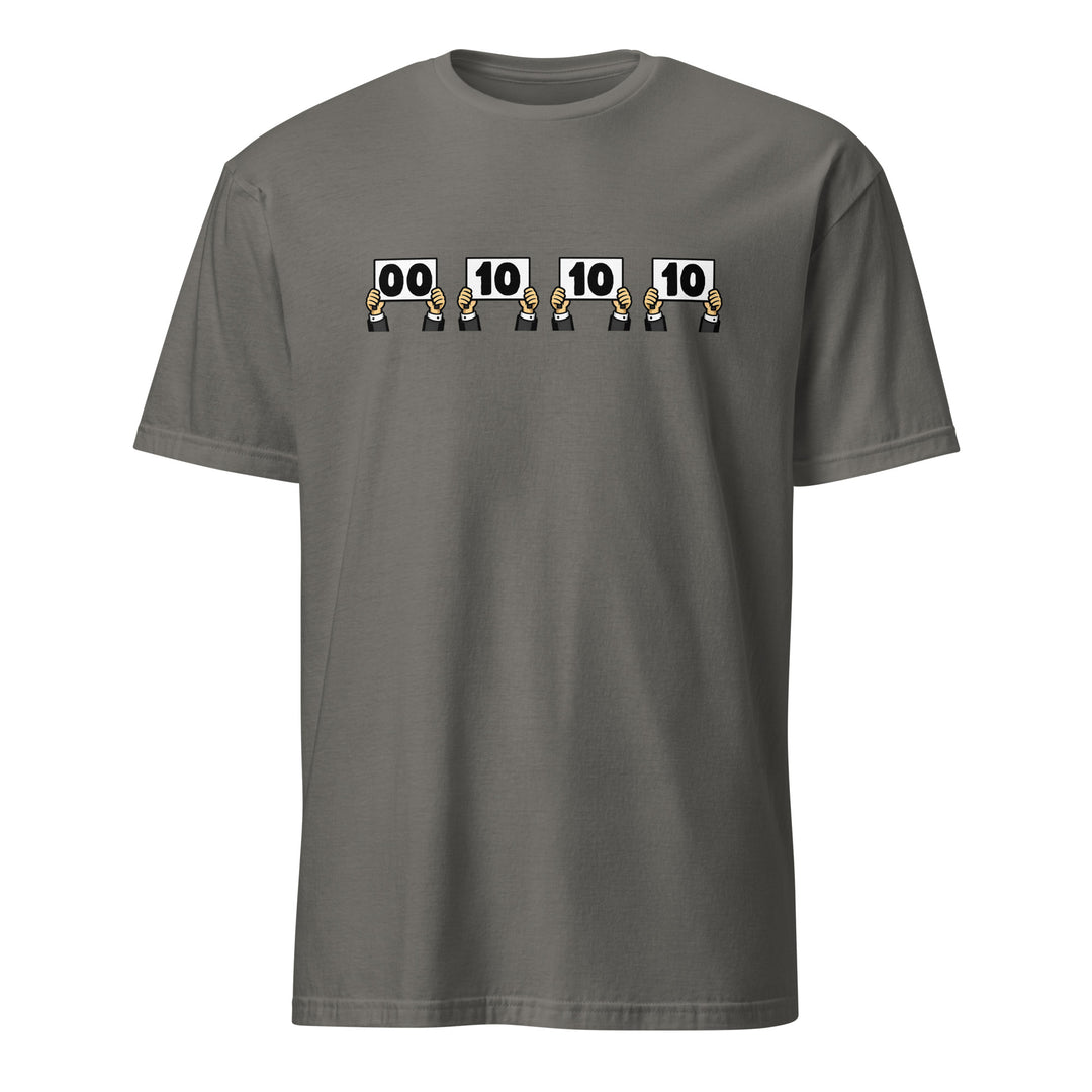 Charcoal unisex t-shirt featuring “Everything is Judged in Binary” design with illustrated hands holding scorecards reading 00 10 10 10.