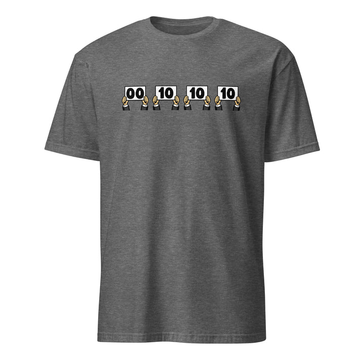 Heather Gray unisex t-shirt featuring “Everything is Judged in Binary” design with illustrated hands holding scorecards reading 00 10 10 10.