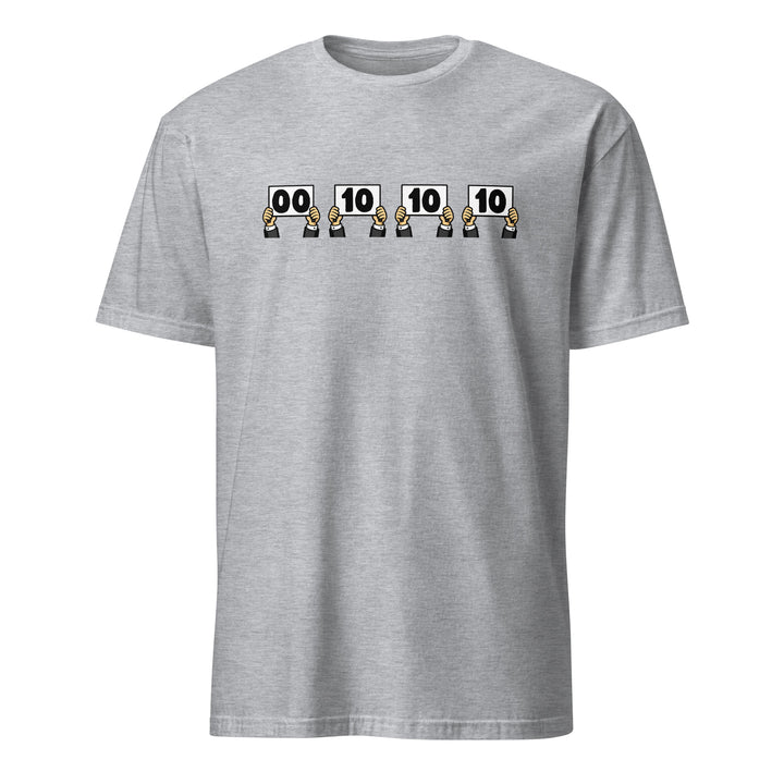 Heather Light Gray unisex t-shirt featuring “Everything is Judged in Binary” design with illustrated hands holding scorecards reading 00 10 10 10.