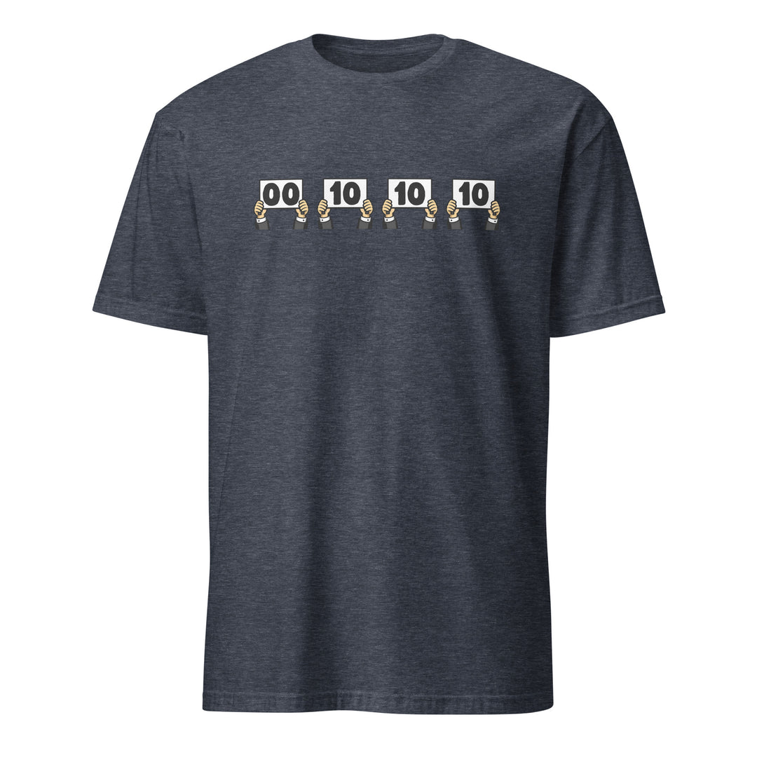 Heather Navy unisex t-shirt featuring “Everything is Judged in Binary” design with illustrated hands holding scorecards reading 00 10 10 10.