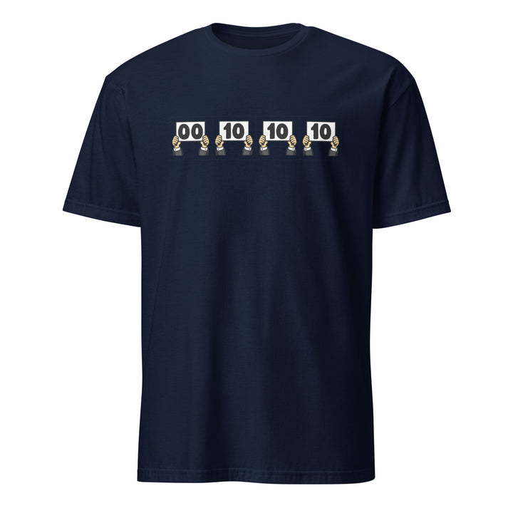 Navy unisex t-shirt featuring “Everything is Judged in Binary” design with illustrated hands holding scorecards reading 00 10 10 10.