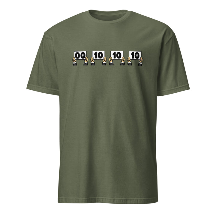 Olive unisex t-shirt featuring “Everything is Judged in Binary” design with illustrated hands holding scorecards reading 00 10 10 10.