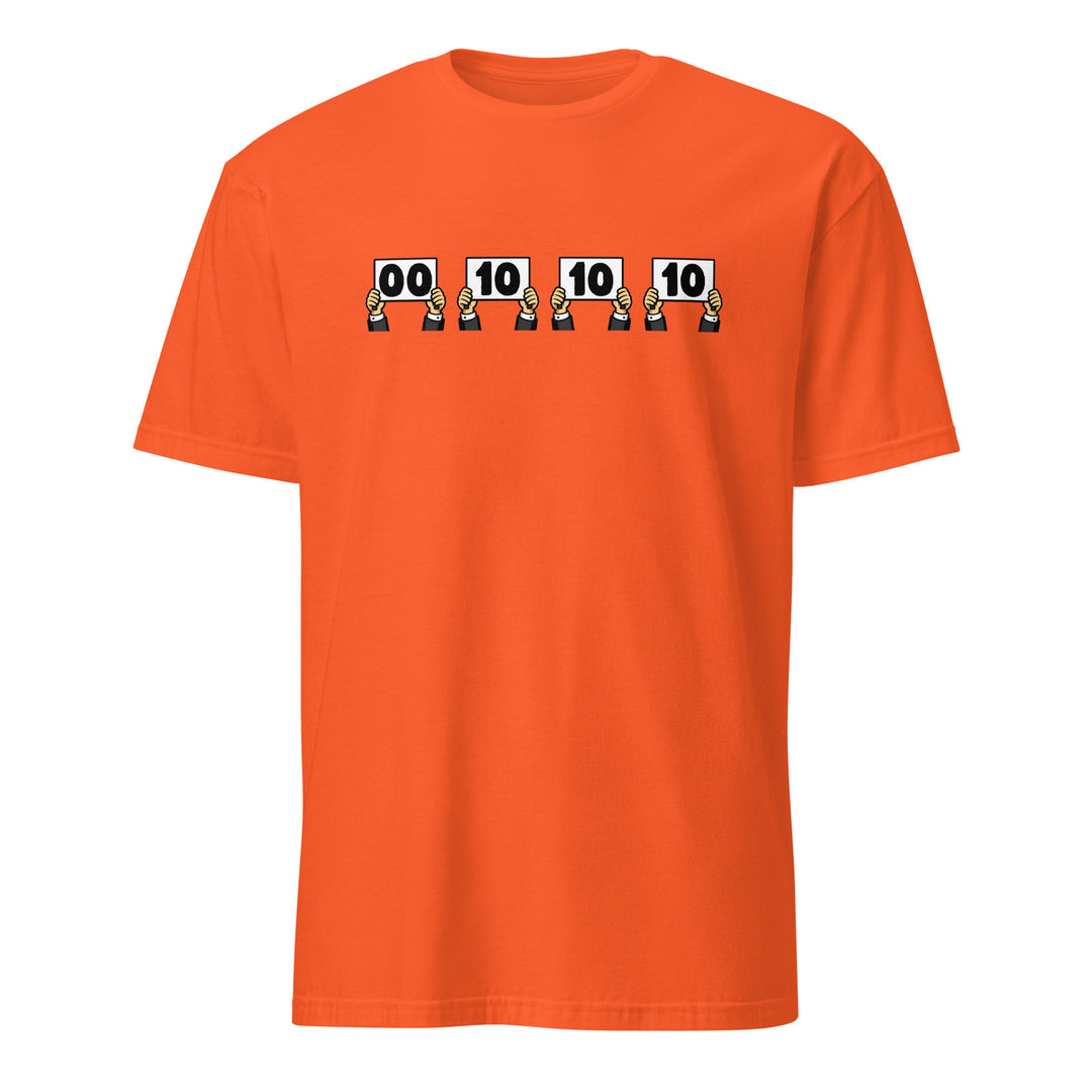 Orange unisex t-shirt featuring “Everything is Judged in Binary” design with illustrated hands holding scorecards reading 00 10 10 10.