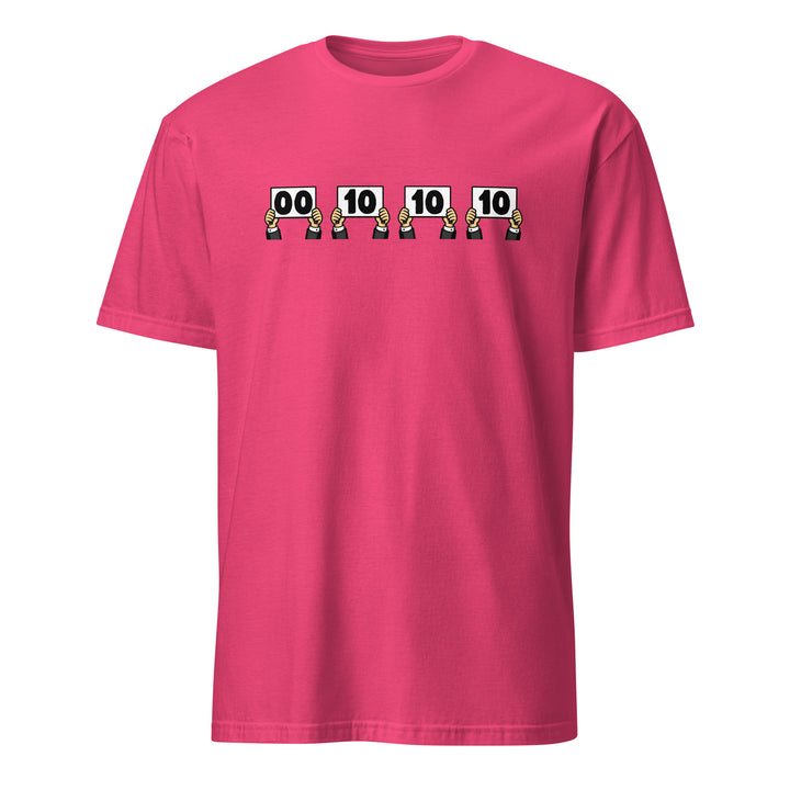 Pink unisex t-shirt featuring “Everything is Judged in Binary” design with illustrated hands holding scorecards reading 00 10 10 10.