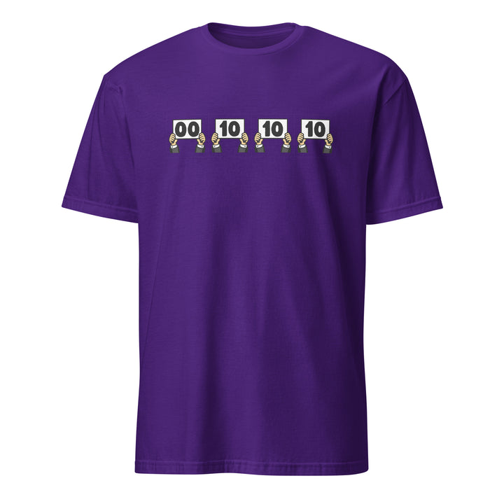 Purple unisex t-shirt featuring “Everything is Judged in Binary” design with illustrated hands holding scorecards reading 00 10 10 10.