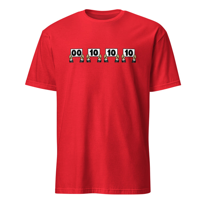 Royal Blue unisex t-shirt featuring “Everything is Judged in Binary” design with illustrated hands holding scorecards reading 00 10 10 10.