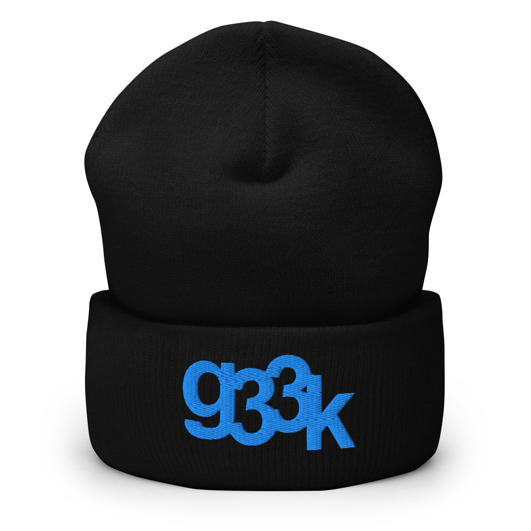 Black cuffed beanie featuring embroidered g33k leetspeak text