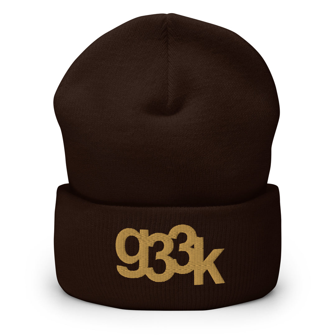 Brown cuffed beanie with embroidered g33k leetspeak design on cuff