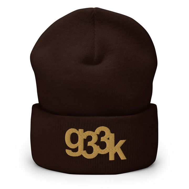 Brown cuffed beanie with embroidered g33k leetspeak design on cuff