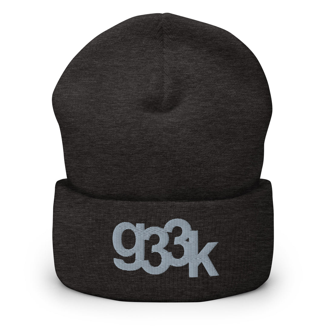 Charcoal grey cuffed beanie featuring embroidered g33k leetspeak lettering