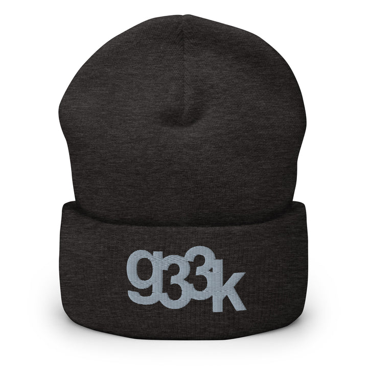 Charcoal grey cuffed beanie featuring embroidered g33k leetspeak lettering